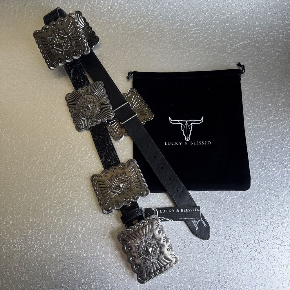 New Lucky & Blessed Black Embossed Concho Belt - Size S Runs Bigger Dust Bag